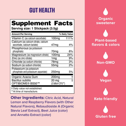 Ultima Replenisher Gut Health Supplement and Electrolytes Powder - Raspberry Lemonade, 14 Stickpacks