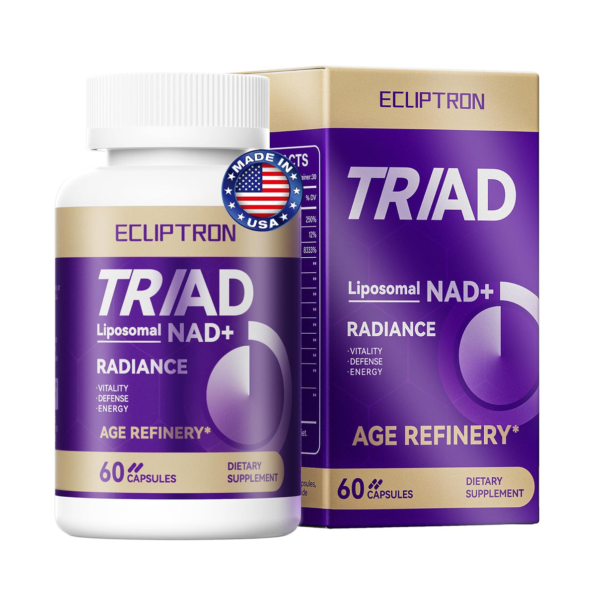 Ecliptron Triad Liposomal NAD+ Radiance dietary supplement bottle and packaging on a white background