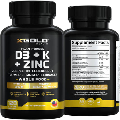 Vitamin D, K2, K1, Zinc, Quercetin, Elderberry, Turmeric, Ginger & Echinacea Whole Food Supplement 8 in 1- D3 5000 IU Plant-Based from Lichen, Vitamin K (K2 MK7, MK4, K1) X Gold Health canada supplements