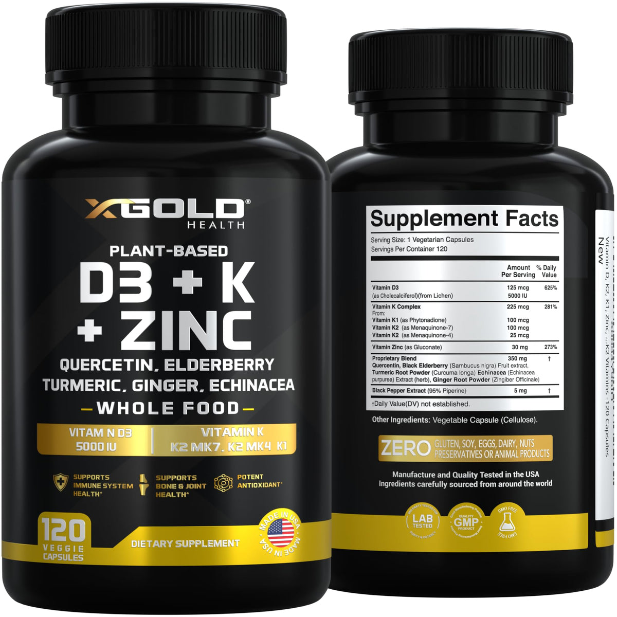 Vitamin D, K2, K1, Zinc, Quercetin, Elderberry, Turmeric, Ginger & Echinacea Whole Food Supplement 8 in 1- D3 5000 IU Plant-Based from Lichen, Vitamin K (K2 MK7, MK4, K1)