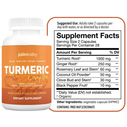 Paleovalley - Organic Turmeric Complex - Full Spectrum Organic Turmeric with Health-Supportive Superfoods - 56 Vegetarian Capsules - Support Joints, Immunity, Brain and Heart Health PaleovalleyBuy Supplements Australia
