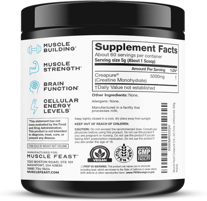 Muscle Feast Creapure Creatine Monohydrate Powder, Vegan Keto Friendly Gluten-Free, Mass Gainer, Muscle Recovery Supplement and Trusted Creatine for Muscle Growth