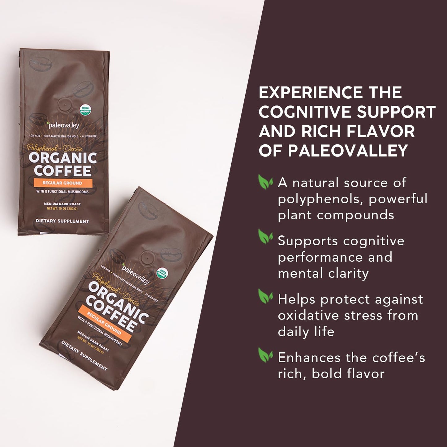 Paleovalley Organic Ground Coffee, 10oz - Regular, Low Acid, Single-Origin, Polyphenol-Rich, Infused with Mushrooms PaleovalleyBuy Supplements Australia