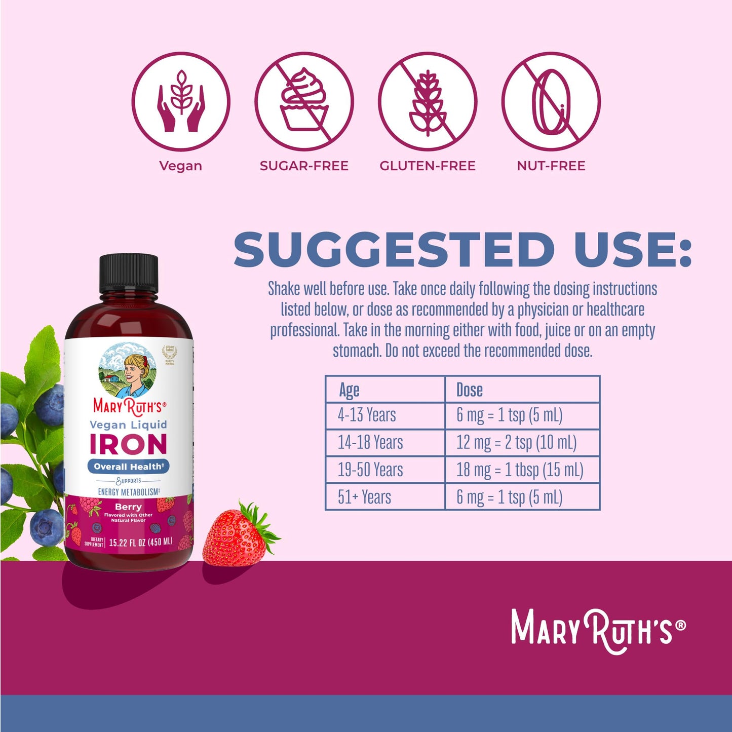 Iron Supplement for Women Men & Kids | Liquid Iron Supplement for Women Men & Kids | Iron for Healthy Blood & Oxygen | Ages 4 & Up | Sugar Free | Vegan | Non-GMO | Gluten Free | 15.22 Fl Oz MARYRUTH'SBuy Supplements Australia
