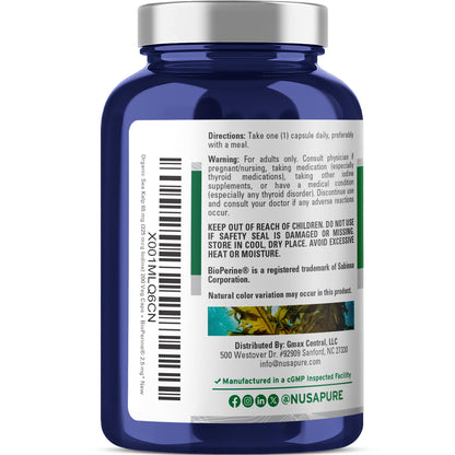 NusaPure Sea Kelp Natural Iodine 325mcg 10:1 Extract, 65 mg Equivalent to 650 mg Capsule 200 Count (Non-GMO, Vegan) NusaPureBuy Supplements Australia