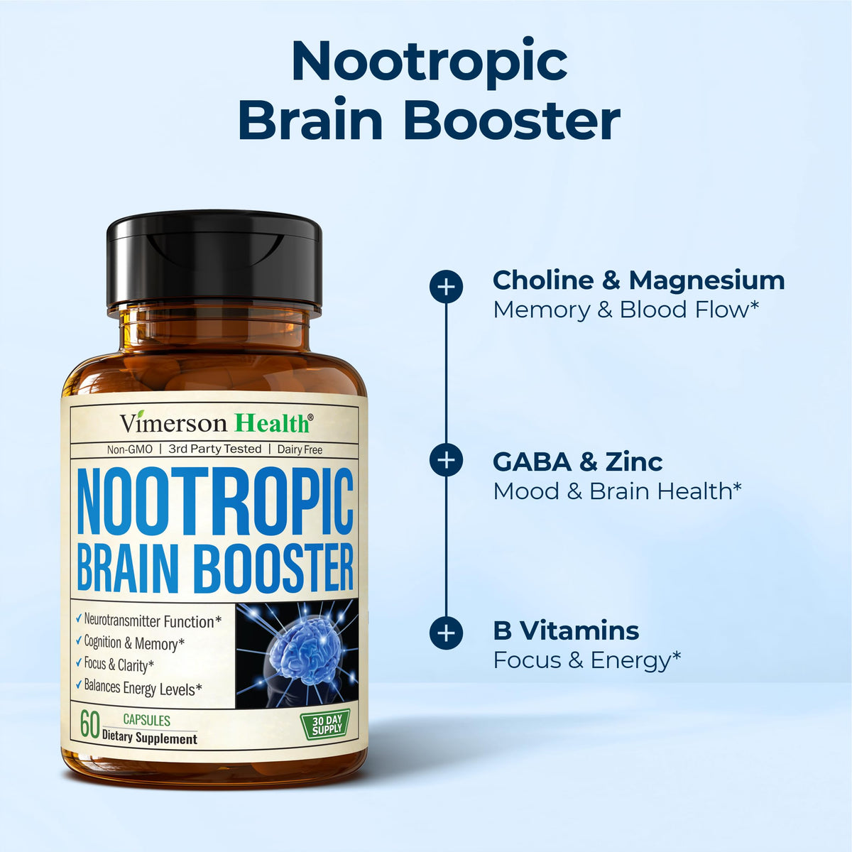 Nootropics Brain Support Supplement - Nootropic Brain Booster for Improved Focus, Concentration & Memory. Brain Nootropic for Brain Health, Mood & Energy Support. Non-GMO. Made in the USA. 60 Capsules Vimerson HealthBuy Supplements Australia