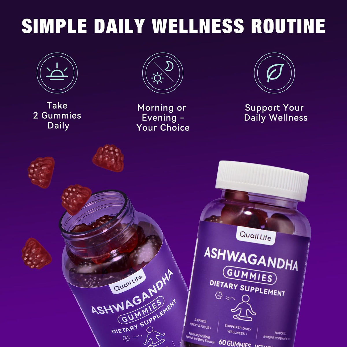 QualiLife Ashwagandha Gummies for Relax & Cortisol Support – High Strength Root Extract with Cranberry & Chaste Tree, Grapefruit & Berry Flavour – Vegan, Non-GMO, Gluten-Free – 60 Gummies (30 Days) QualiLifeBuy Supplements Australia