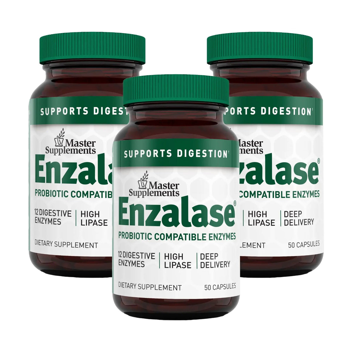Master Supplements Enzalase - 50 Capsules, Pack of 3 - Probiotic Compatible Enzymes - Provides Digestive Boost + Gas & Bloating Relief - Gluten Free - 150 Total Servings ENZALASE buy supplements Au