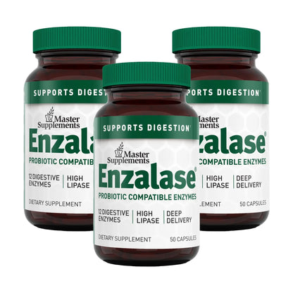 Master Supplements Enzalase - 50 Capsules, Pack of 3 - Probiotic Compatible Enzymes - Provides Digestive Boost + Gas & Bloating Relief - Gluten Free - 150 Total Servings ENZALASE buy supplements Au