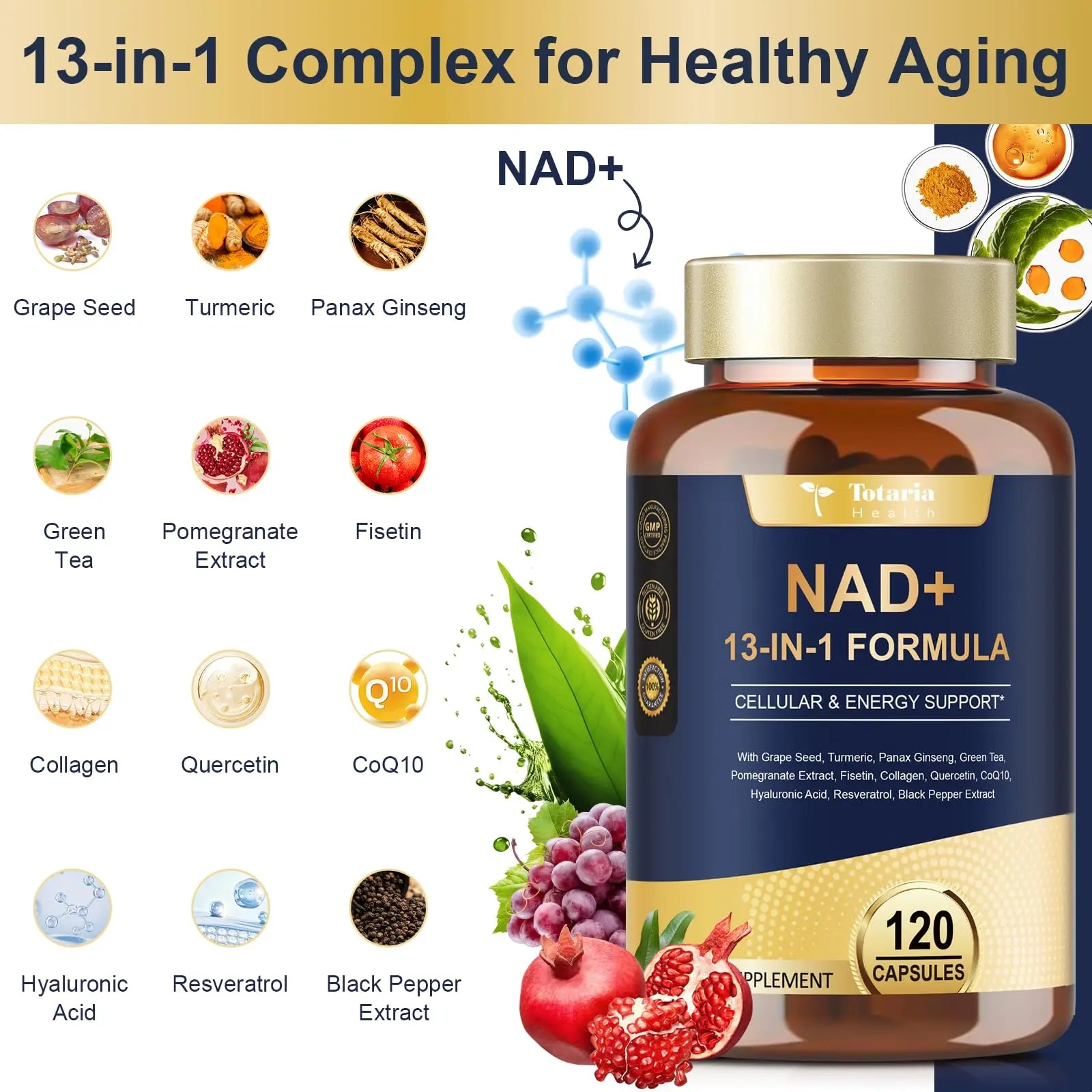 Totaria (2 Packs) NAD Supplement for Women Men with nicotinamide riboside resveratrol,Quercetin, Betaine Boost NAD+ Levels NAD Plus Supplement for Anti Aging, Energy, Immune, Focus 120 Capsules TotariaBuy Supplements Australia