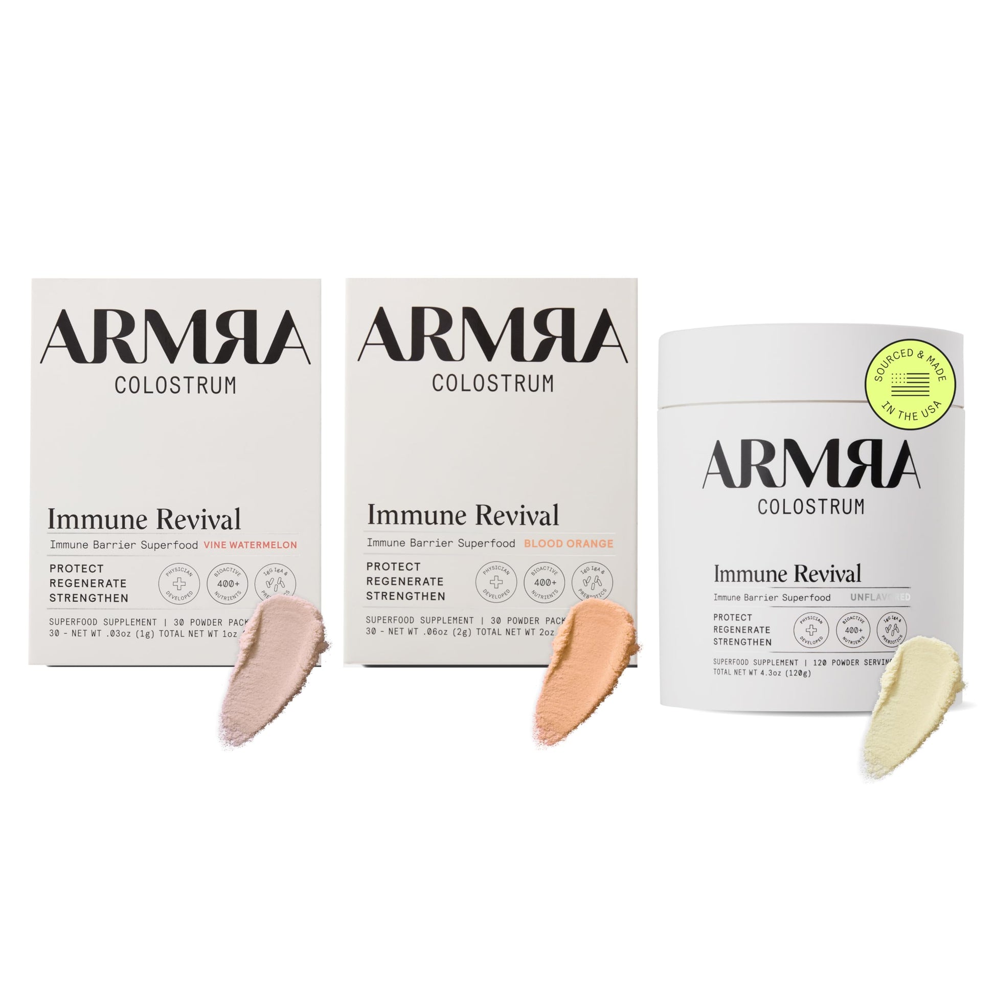 ARMRA Colostrum™ Premium Powder, Grass Fed, Gut Health Bloating Immunity Skin & Hair, Contains 400+ Bioactive Nutrients (Blood Orange, Vine Watermelon, Unflavored Bundle | 180 Servings) ARMRABuy Supplements Australia
