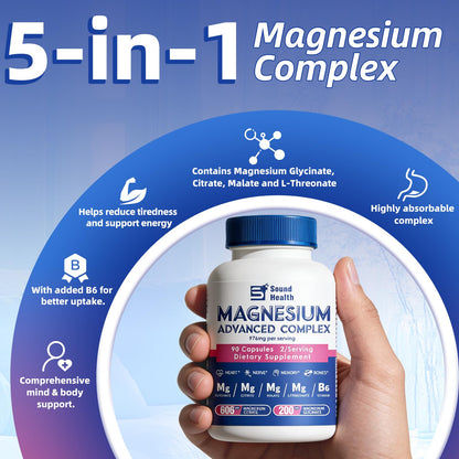 Magnesium Complex Capsule 5 in 1 Magnesium Supplement from Magnesium Glycinate, Citrate, Malate, L-Threonate & Vitamin B6, High Absorption Magnesium Supplement, Non-GMO, Vegan Sound Health PlusBuy Supplements Australia