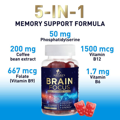 Brain Supplements for Memory and Focus with Phosphatidylserine, Nootropic Memory Supplement Gummy for Brain Health, Concentration, Mental & Cognitive Support, Focus Vitamins with B6 & B12-60 Gummies Nature's NutritionBuy Supplements Australia