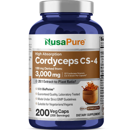 NusaPure Cordyceps 20:1 Extract, 150 mg Equivalent to 3,000mg 200 Veggie Capsules (Sinensis CS-4, Non-GMO, Vegan) Bioperine NusaPureBuy Supplements Australia