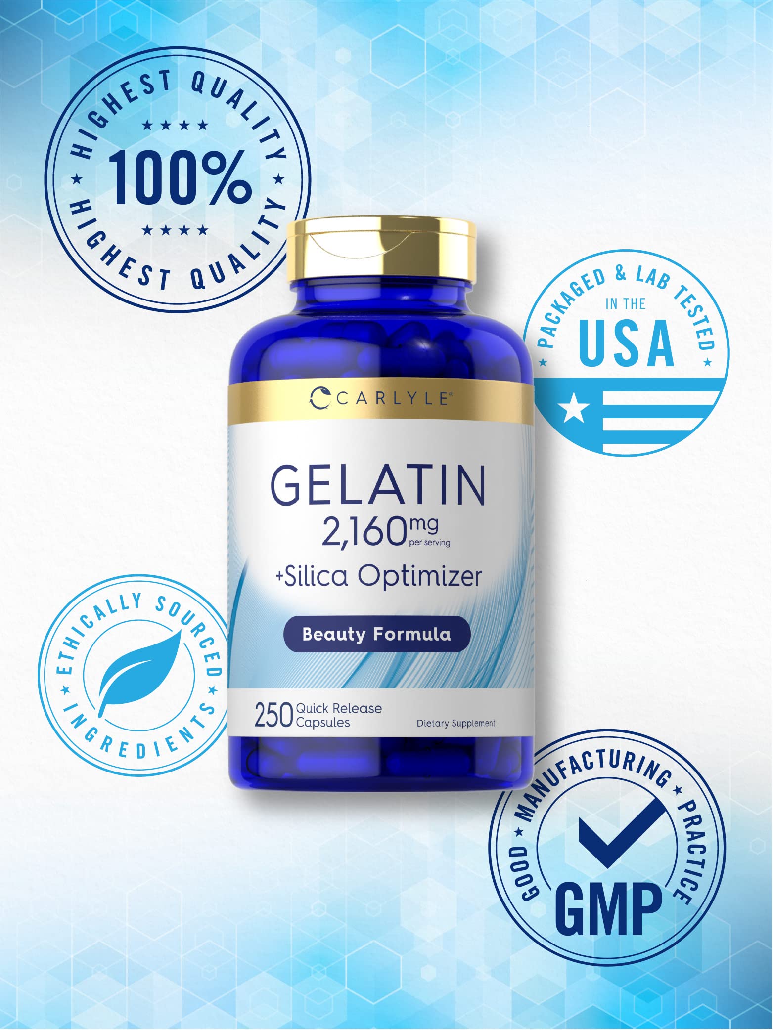 Carlyle Gelatin Capsules | 2160 mg | 250 Pills | with Silica Optimizer | Non-GMO, and Gluten Free Supplement Carlyle buy supplements Au