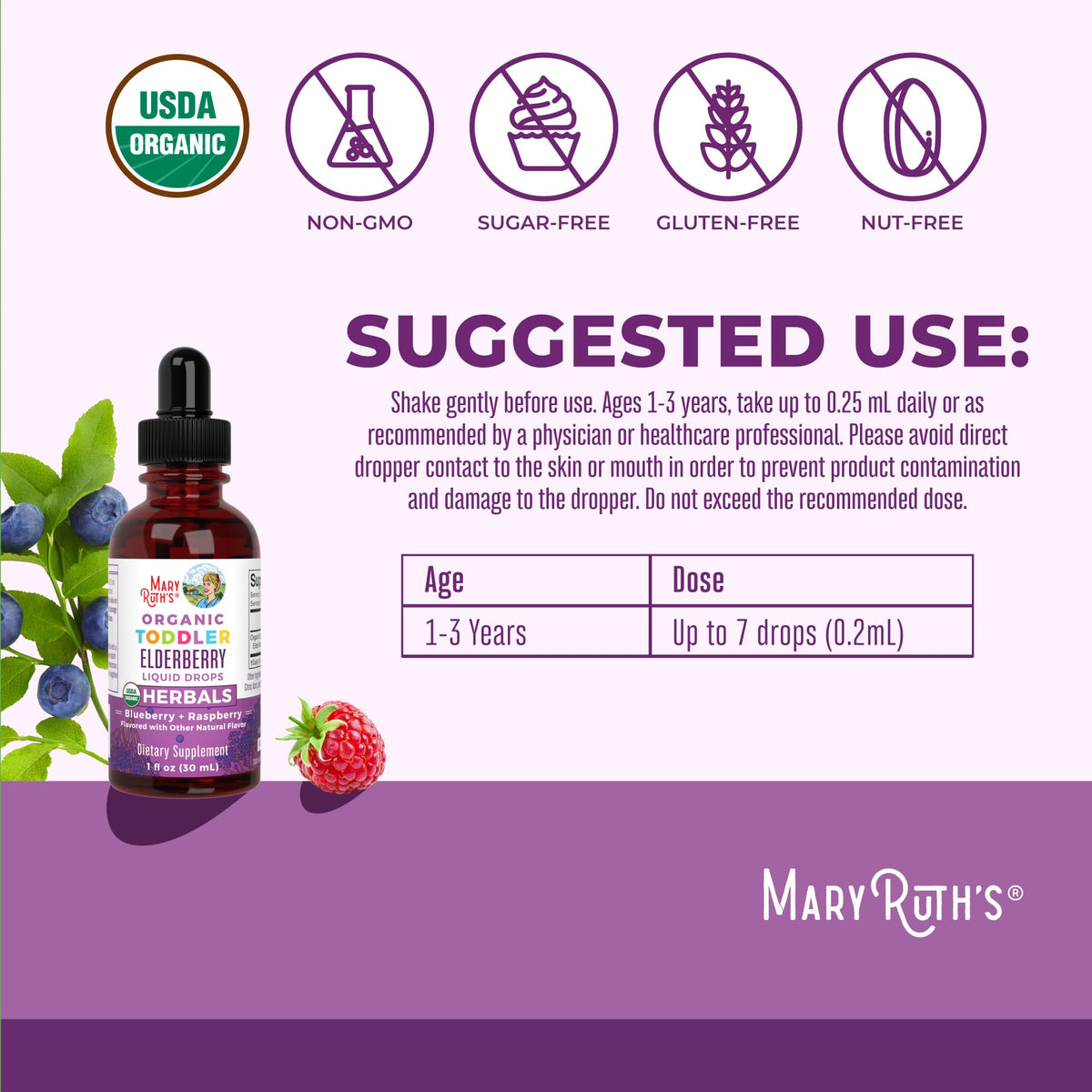 MaryRuth Organics Toddler Elderberry Syrup, USDA Organic Elderberry, Sugar Free Kids Immune Support Supplement for Ages 1-3 Years, Clean Label Project Verified®, Vegan, Non-GMO, Gluten Free, 1 Fl Oz MARYRUTH'SBuy Supplements Australia