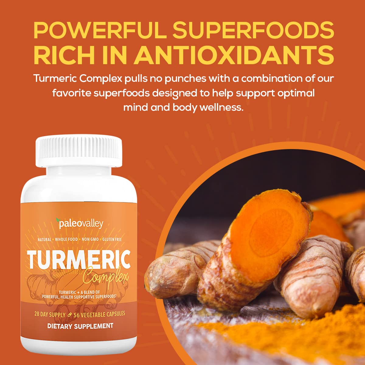 Paleovalley - Organic Turmeric Complex - Full Spectrum Organic Turmeric with Health-Supportive Superfoods - 56 Vegetarian Capsules - Support Joints, Immunity, Brain and Heart Health PaleovalleyBuy Supplements Australia