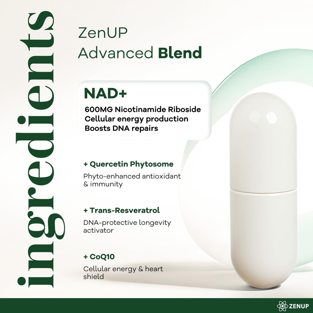 ZenUP NAD+ Supplement | 1100mg Liposomal Nicotinamide Riboside with Resveratrol & Quercetin | Anti-Aging, Cellular Energy, Mental Focus | 120 Caps ZenUPBuy Supplements Australia