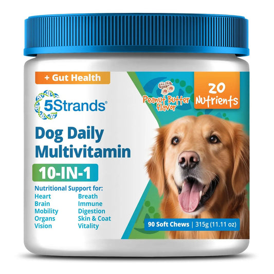 5Strands Dog Multivitamin Chews, 10-in-1, Vitamins & Postbiotics, All Ages & Breeds - Digestion, Brain, Organs, Heart, Mobility, Vision, Skin & Coat, Immunity - Dog Supplement (Peanut Butter, 90ct) 5StrandsBuy Supplements Australia