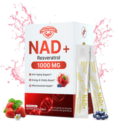 NAD+ supplement package with resveratrol 1000 MG on a white background