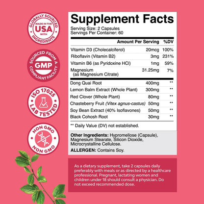 Complete Herbal Menopause Supplement for Women - Female Hormone Balance Capsules for Night Sweats Hot Flashes & Mood Swings with Dong Quai, Chaste Berry & Black Cohosh Root - 120 Count Pack Natures CraftBuy Supplements Australia