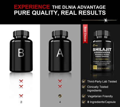 DLNIA 8-in-1 Shilajit for Men & Women with Ashwaganda Himalayan Organic Supplement with Rhodiola Rosea, Ginseng, Turmeric, Mushroom, for Immune Support, Energy, Calm, Focus, Clarity, Sleep, Cortisol DLNIABuy Supplements Australia