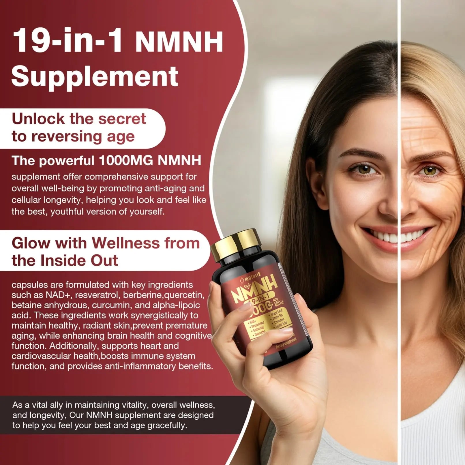 19 in 1 NMNH (Dihydronicotinamide Mononucleotide) 1000mg Per Serving, Nad Supplement Boost NAD+ Levels Nad Resveratrol Supplement with Quercetin, Vitamin D3 K2, Healthy Aging, Energy, 90 Capsules molorik pureBuy Supplements Australia