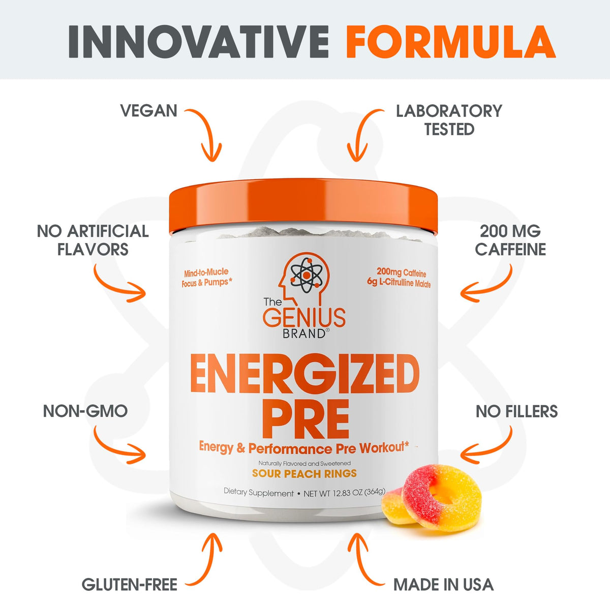 Genius Energized Pre Workout Powder – Caffeine Infused Pre-Workout Booster Supplement with Beta Alanine & Alpha GPC, No Artificial Sweeteners or Dyes - 200mg Caffeine, 20 Servings, Sour Peach Rings The Genius BrandBuy Supplements Australia