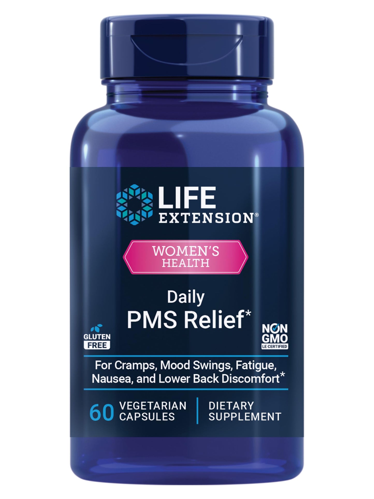 Life Extension Daily PMS Relief, Menstrual Comfort Supplement, PMS-Related Cramps, Lower Back discomfort, Mood, Ginger, Magnesium, B6, Gluten-Free, Non-GMO, 60 Capsules Life ExtensionBuy Supplements Australia