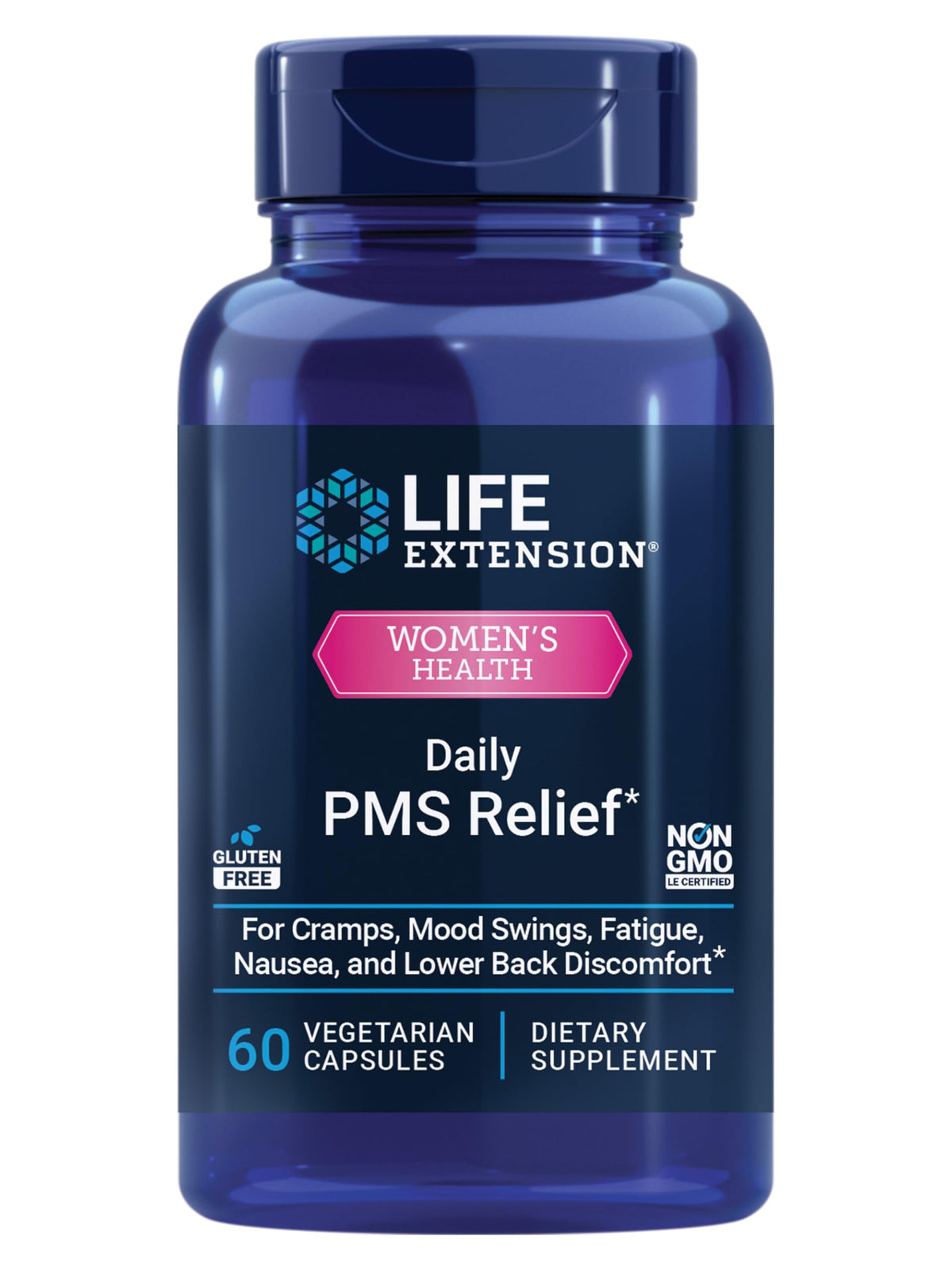 Life Extension Daily PMS Relief, Menstrual Comfort Supplement, PMS-Related Cramps, Lower Back discomfort, Mood, Ginger, Magnesium, B6, Gluten-Free, Non-GMO, 60 Capsules Life ExtensionBuy Supplements Australia