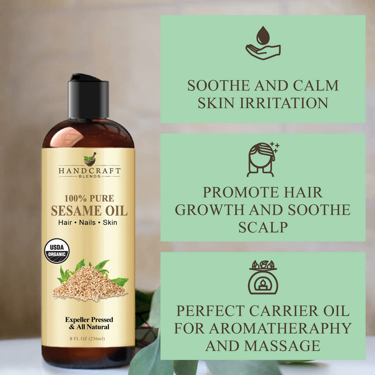 Handcraft Blends Organic Sesame Oil for Skin and Hair 8 oz - 100% Pure and Natural - Premium Handcraft BlendsBuy Supplements Australia