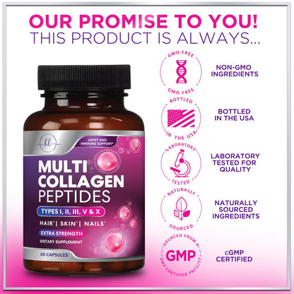 Multi Collagen Supplement 2400 mg - Types I, II, III, V & X Multi Collagen Peptides Pills for Women & Men, Hydrolyzed Collagen Supplements, Hair, Skin, Nail, & Joint Support Supplement, 60 Capsules Hello Lovely!Buy Supplements Australia