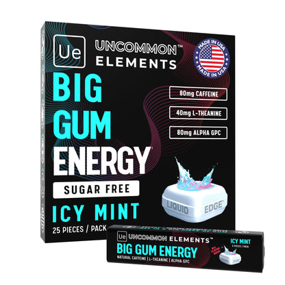 BIG GUM ENERGY & FOCUS – 80mg Caffeine + 40mg L-Theanine + 80mg Alpha GPC – Nootropic Chewing Gum for Focus, Energy & Execution – Icy Mint – 25 Pieces (5 Packs) Gym & Work Execution. UNCOMMON ELEMENTSBuy Supplements Australia
