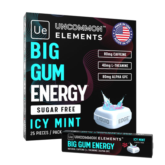 BIG GUM ENERGY & FOCUS – 80mg Caffeine + 40mg L-Theanine + 80mg Alpha GPC – Nootropic Chewing Gum for Focus, Energy & Execution – Icy Mint – 25 Pieces (5 Packs) Gym & Work Execution. UNCOMMON ELEMENTSBuy Supplements Australia