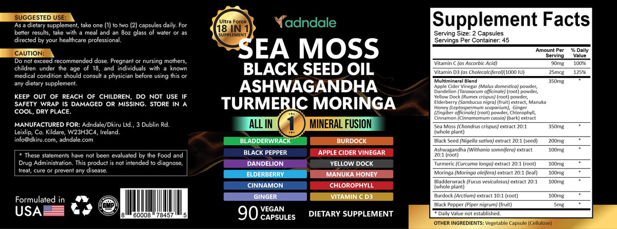Adndale Sea Moss Capsules - Sea Moss Blend with Ashwagandha, Turmeric- 90 Count