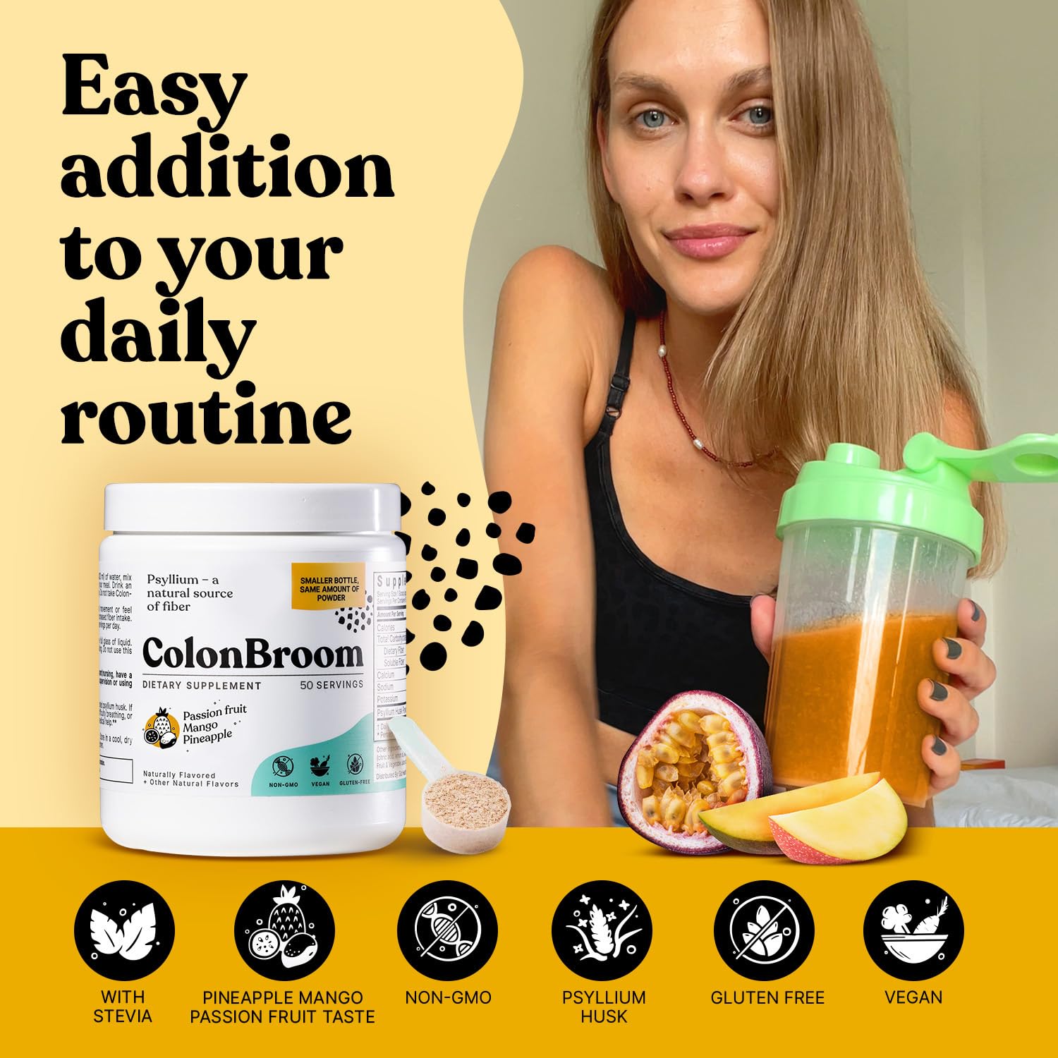 ColonBroom Psyllium Husk Powder with Stevia (Tropical Fruits) - Colon Cleanse for Bloating Relief & Gut Health - Colon Broom Fiber Powder Drink - Vegan Fiber Powder Stevia Supplement, 100 Servings ColonBroomBuy Supplements Australia