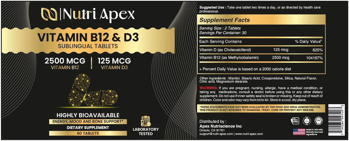 Nutri Apex Vitamin B12 & D3 Sublingual Tablets - 2500 mcg B12 & 125 mcg (5000 IU) D3 - Highly Bioavailable for Energy, Mood & Bone Health - Lab-Tested Nutri ApexBuy Supplements Australia