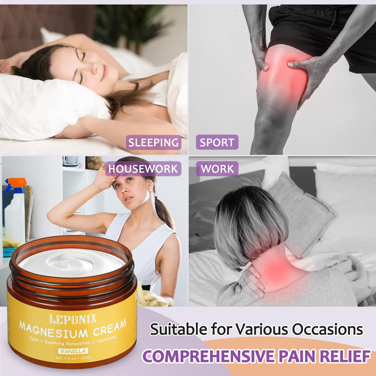 Magnesium Cream for Sleep & Muscle Recovery - Soothing Topical Magnesium Lotion for Leg Cramps, Joint Comfort, Pain Relief - Relaxing Magnesium Body Butter for Men Women Kids (120ml, Vanilla) LEPONIXBuy Supplements Australia