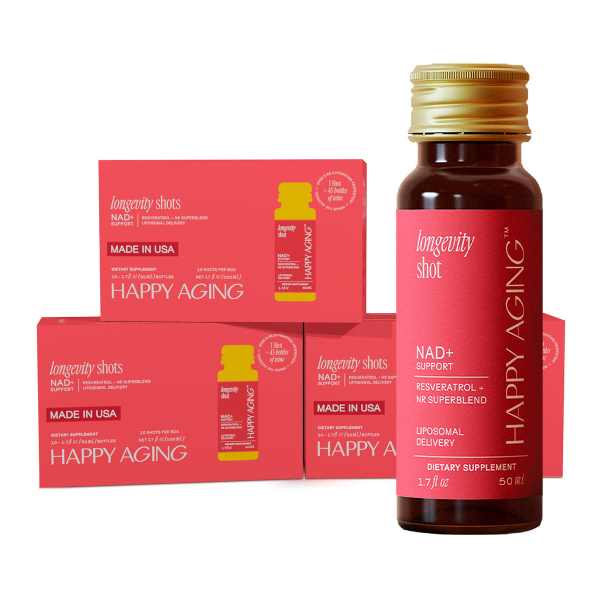 Happy Aging dietary supplement bottle and packaging on a white background