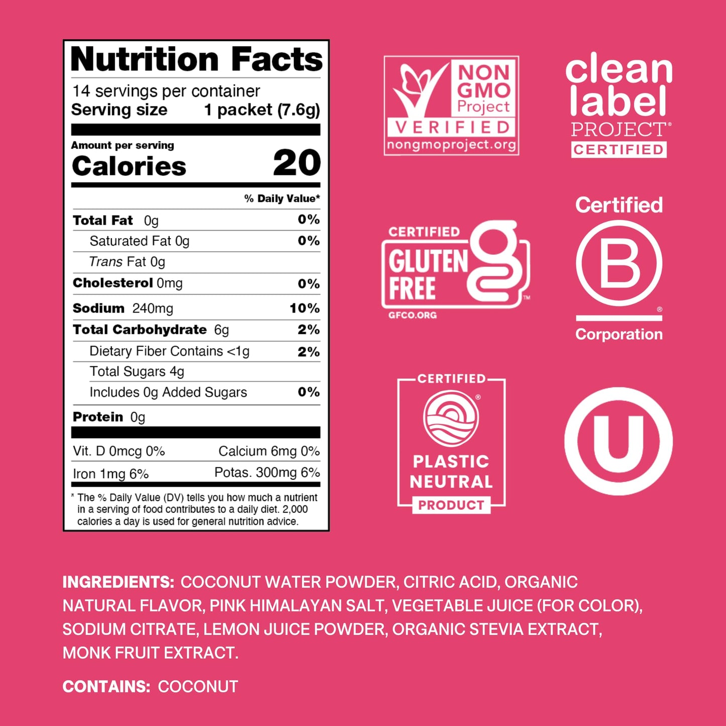 Cure Hydration | Plant-Based Electrolyte Drink Mix | No Added Sugar | FSA-HSA | Dehydration Relief Powder Made with Coconut Water | Non-GMO | Vegan | Pouch of 14 Packets - Tropical Punch