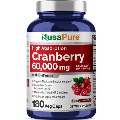 NusaPure Cranberry 60,000 mg 180 Veg Caps (Bioperine, Non-GMO, Vegan) NusaPureBuy Supplements Australia