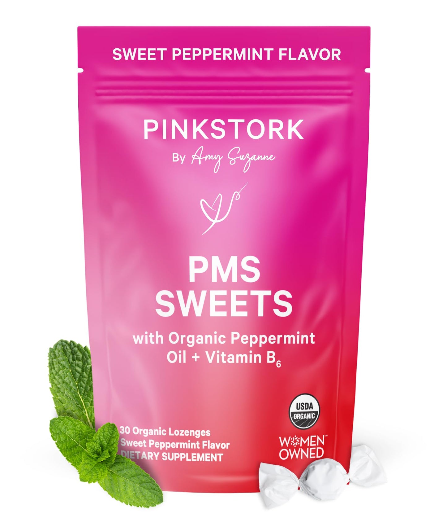Pink Stork Organic PMS Support Sweets for Teens and Women - Simple & Natural Ingredients Vitamin B6 and Peppermint - Period, Digestion, Bloating, Mood Swings - 30 Drops Pink Stork buy supplements Au