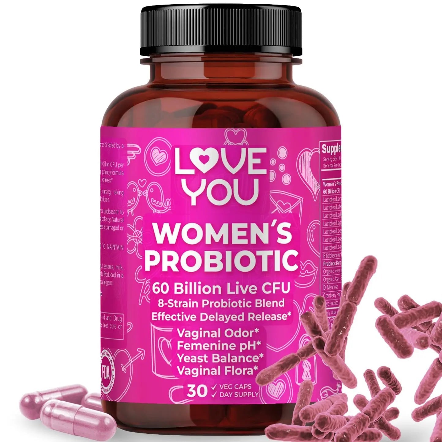 Love You Womens Probiotic, Ph Balance, Ut, Feminine, Vaginal Health Supplement, Digestive, Pre + Pro + Postbiotic, Delayed Release, 60 Billion Live CFU, 8-Strain Probiotic Blend, 30 Veg Caps Servings Love YouBuy Supplements Australia