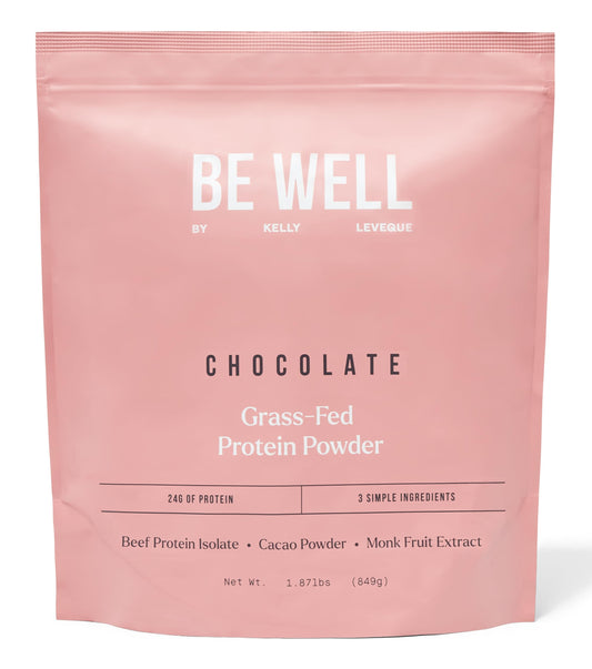 Be Well by Kelly Chocolate Grass-Fed Beef Protein Powder, 24G of Protein & 1G Net Carbs (3 Ingredients, 30 Servings) 9 Amino Acids + 3 BCAAs No Soy, No Dairy, Stevia-Free, No Sugar Added 1.87lb 849g