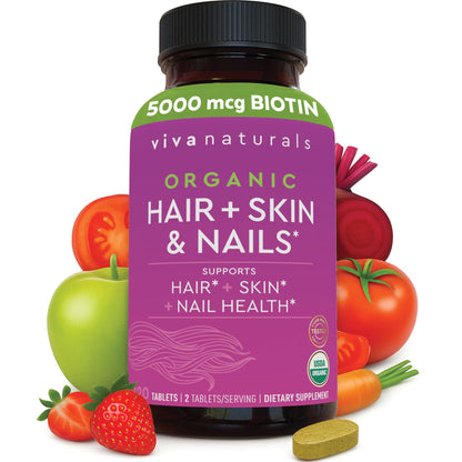 Biotin 5000 mcg Hair Skin Nails Vitamins for Women – Organic and Vegetarian-Friendly Supplement with Vitamin E, B-Vitamins, Spirulina Viva NaturalsBuy Supplements Australia