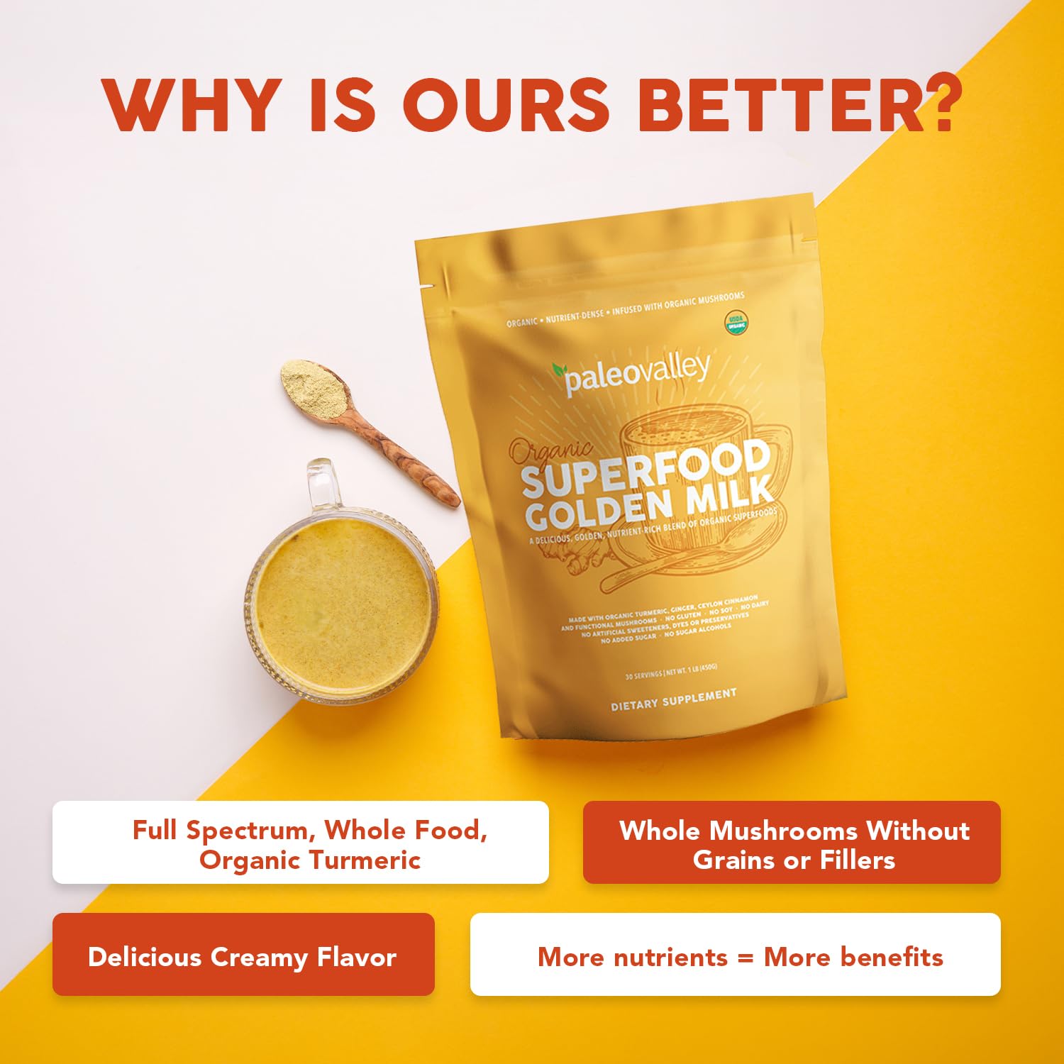 Paleovalley Organic Superfood Golden Milk - Immune, Focus, Cognitive, Longevity - Turmeric, MCT-Rich Coconut Milk, Functional Mushrooms, 30 Servings PaleovalleyBuy Supplements Australia