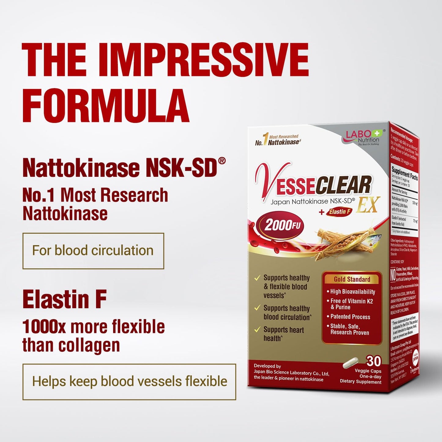 LABO Nutrition VesseCLEAR EX: Nattokinase NSK-SD+Elastin F for Clean & Flexible Blood Vessel. Japan's Most Research Proven, Functional Dose, Acid-Resistant/Delayed Release Capsules LABO Nutrition buy supplements Au