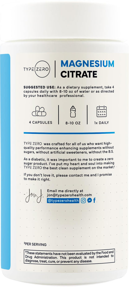 Type Zero Clean Magnesium Citrate Capsules (420mg Per Serving - 200 Capsules) Pure Magnesium Citrate Supplement, Non-GMO - Gluten Free, 50 Servings Type ZeroBuy Supplements Australia