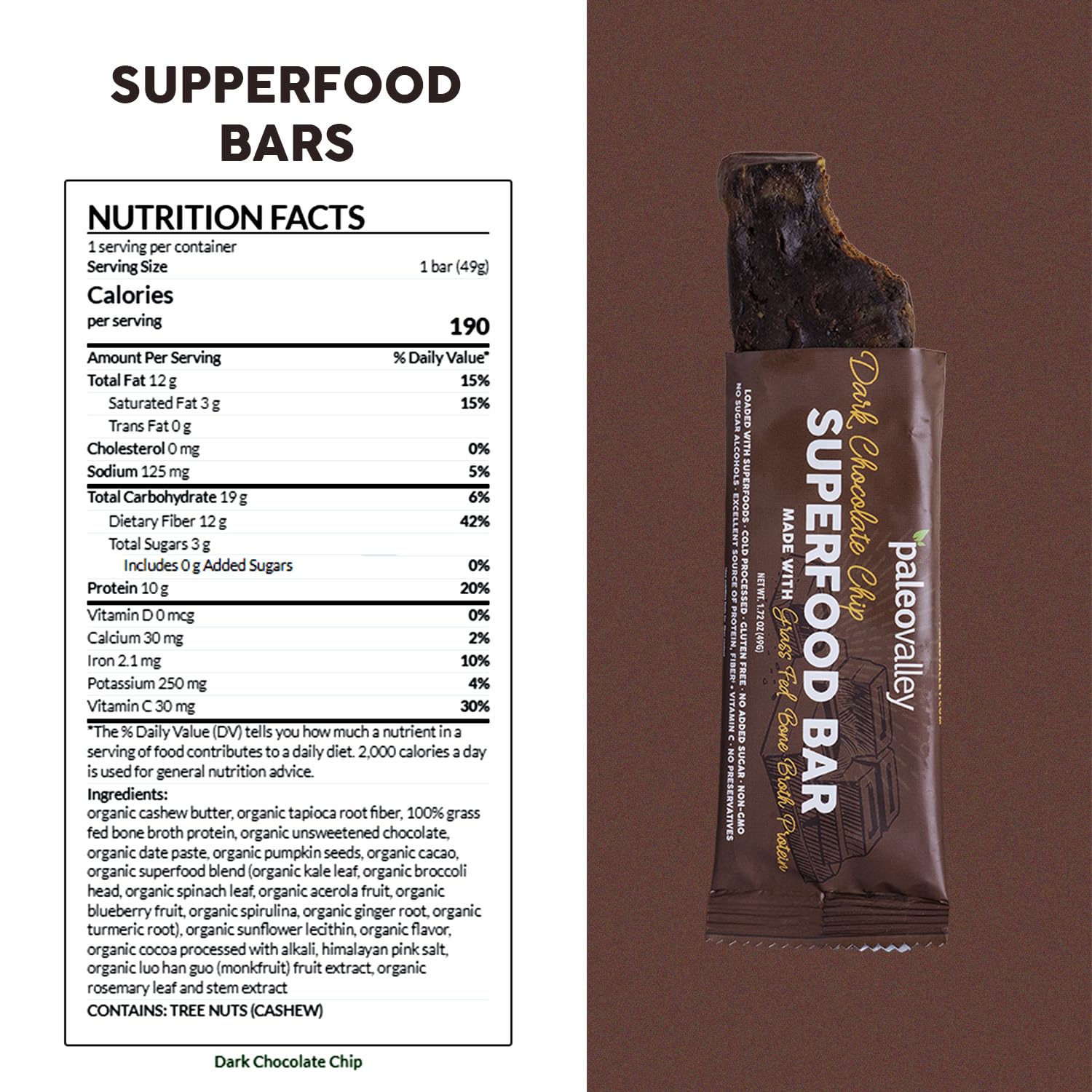 Paleovalley Superfood Bars – Dark Chocolate Chip– 10 Pack – 9g Protein per Bar – Gluten-Free, Grain-Free, Paleo, Non-GMO – On-the-Go Snack PaleovalleyBuy Supplements Australia