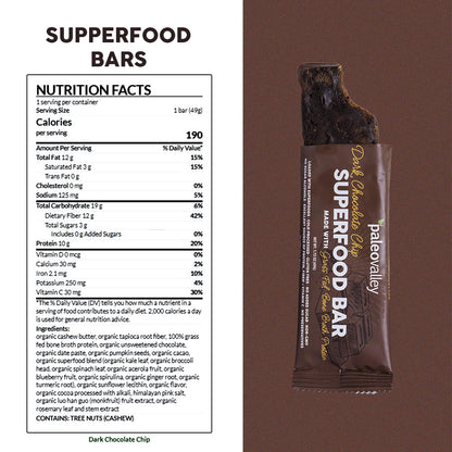 Paleovalley Superfood Bars – Dark Chocolate Chip– 10 Pack – 9g Protein per Bar – Gluten-Free, Grain-Free, Paleo, Non-GMO – On-the-Go Snack PaleovalleyBuy Supplements Australia